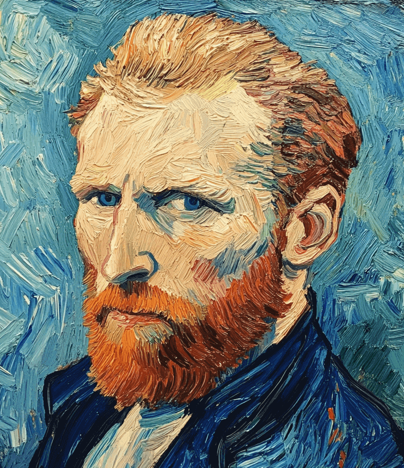 A vivid self-portrait of a red-bearded man with piercing blue eyes in the style of Van Gogh, with bold, textured blue brushstrokes