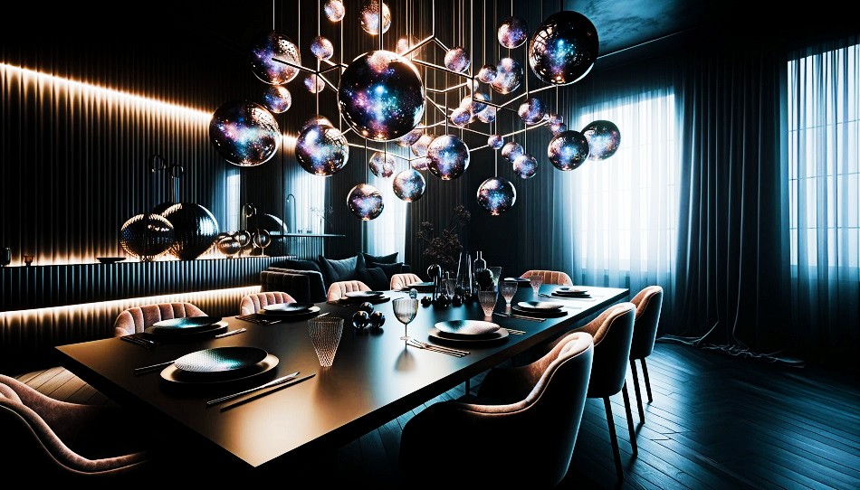 salle à manger noire, moderne et glauque