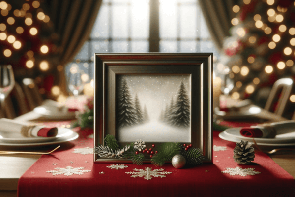 A winter picture frame placed on a table with red mantle