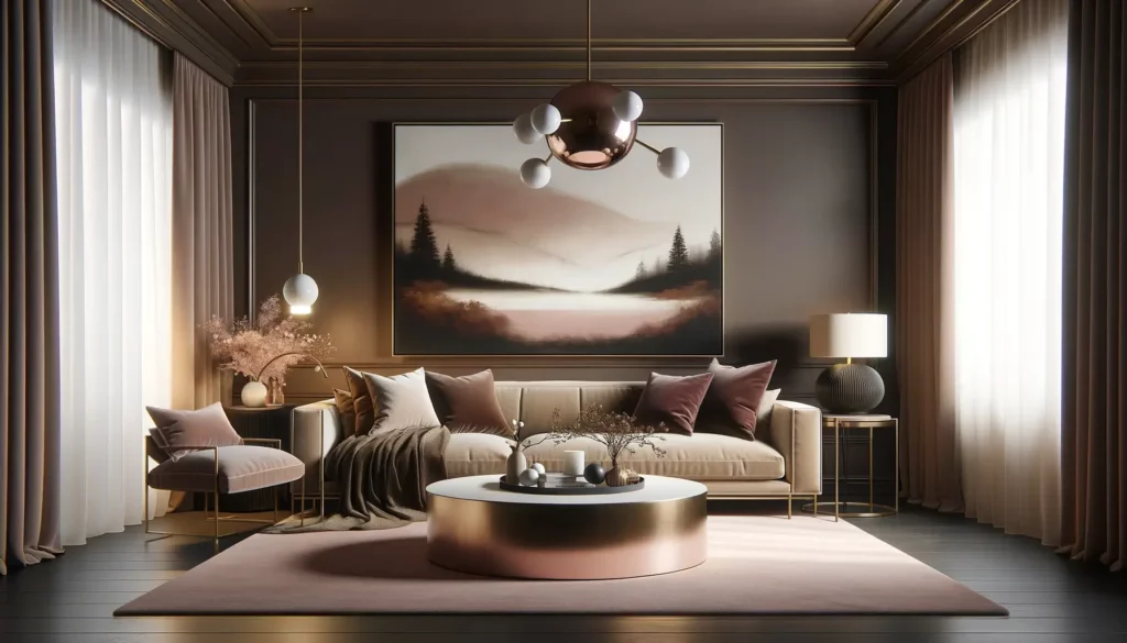 Paysage de salon avec une palette de couleurs romantiques de brun chocolat foncé et d'or rose
