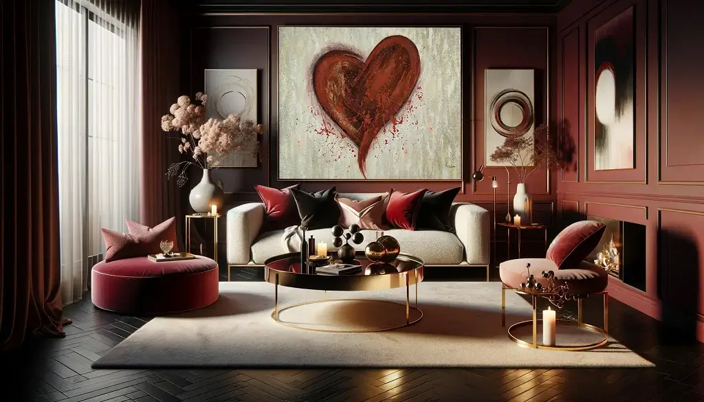 Décor de salon avec une palette de couleurs romantiques (cramoisi et champagne)