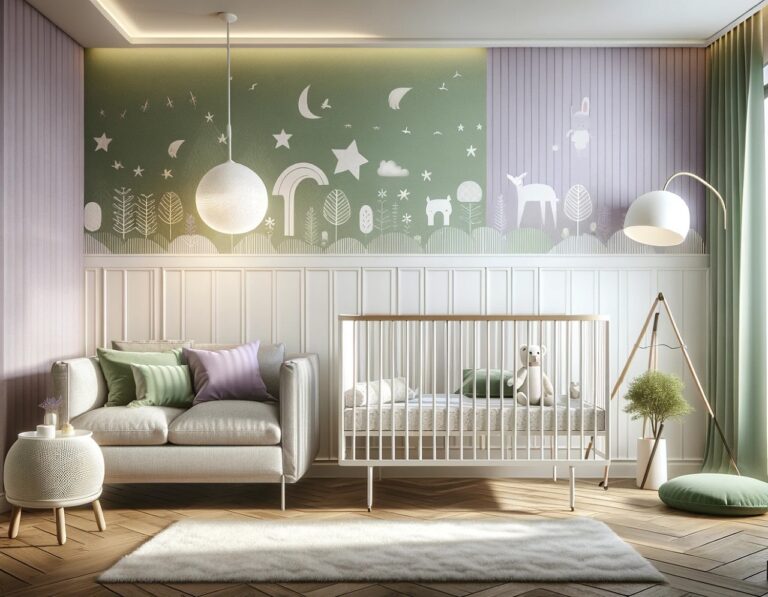 palette de couleurs pastel vertes et lavandes parfaite pour la chambre d'enfant