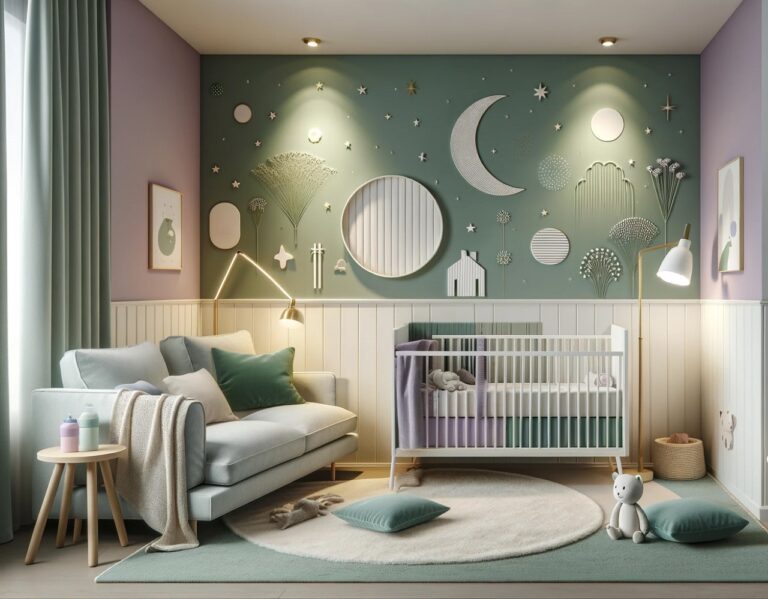 palette de couleurs pastel vertes et lavandes parfaite pour la chambre d'enfant