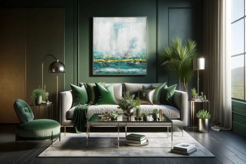palette de couleurs vertes et métalliques pour un salon sophistiqué
