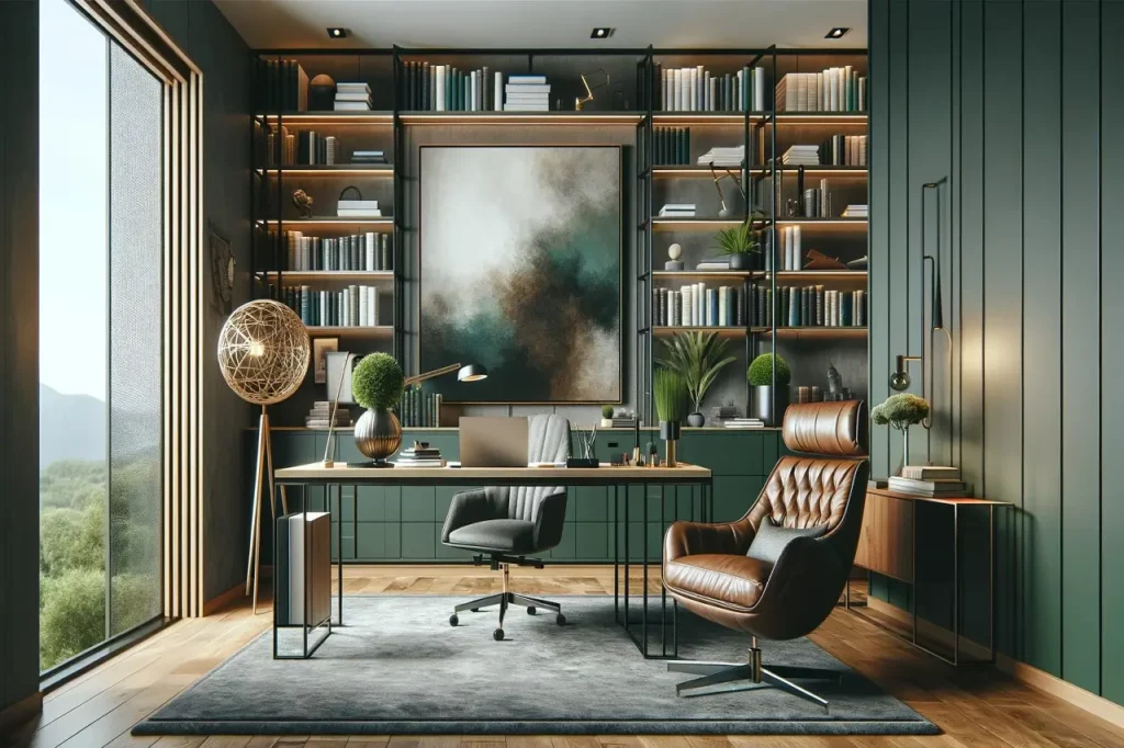 palette de couleurs vertes et métalliques dans un bureau avec lumière naturelle et lampes pour réchauffer l'espace