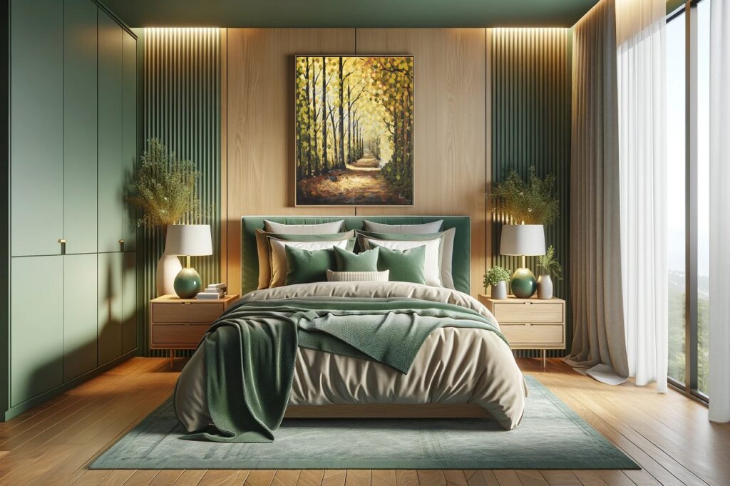 palette de couleurs vertes et boisées pour la chambre à coucher