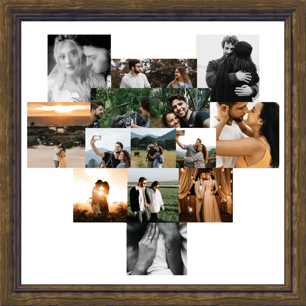 collage de photos de couple dans un cadre en forme de coeur fait à la main