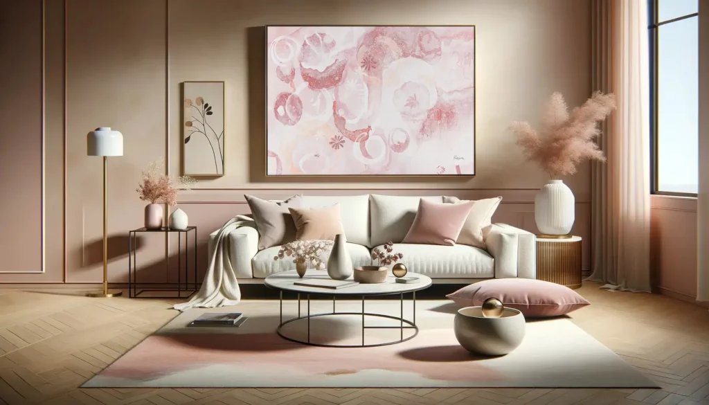 salon paysage avec palette de couleurs romantiques rose et ivoire