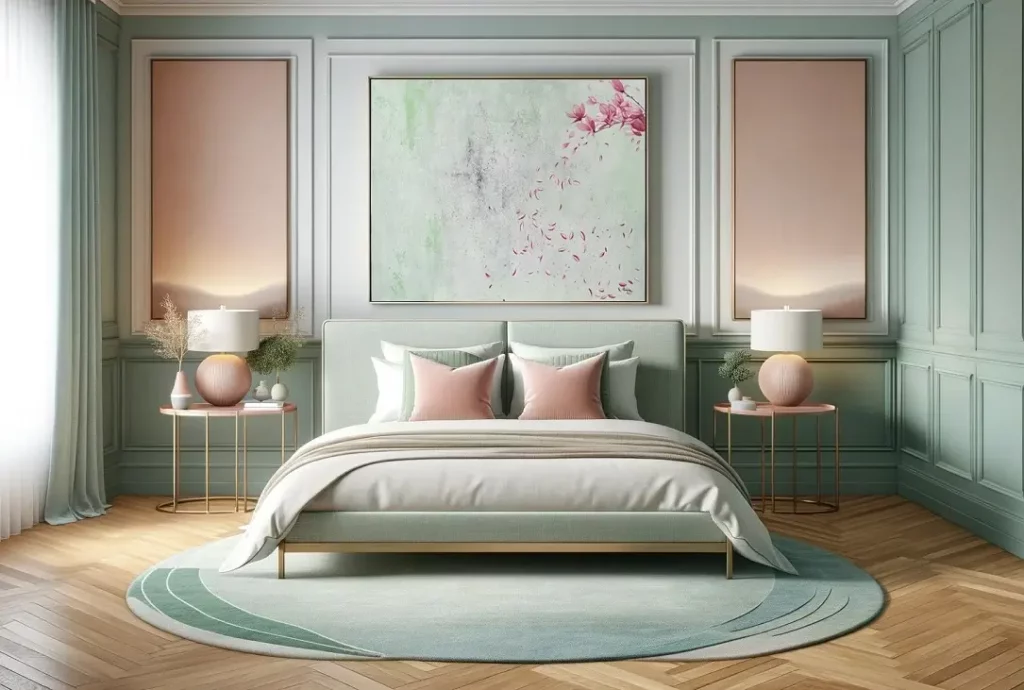 Rose pâle et vert menthe, les couleurs du printemps dans la chambre à coucher