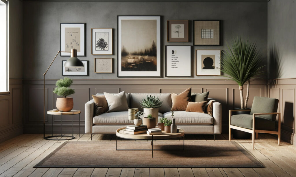 combinaison de posters et de toiles dans un salon