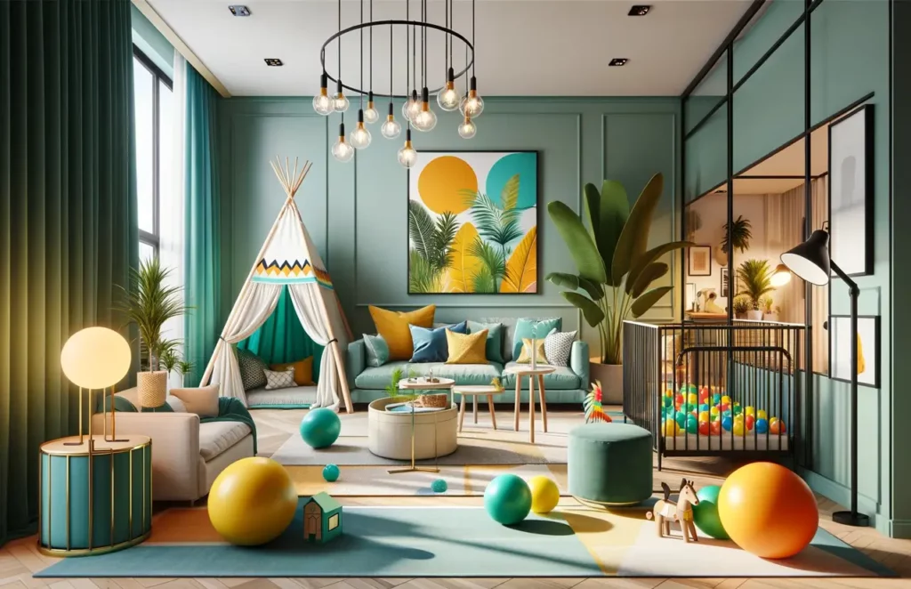 palette de couleurs printanières tropicales dans une salle de jeux pour enfants