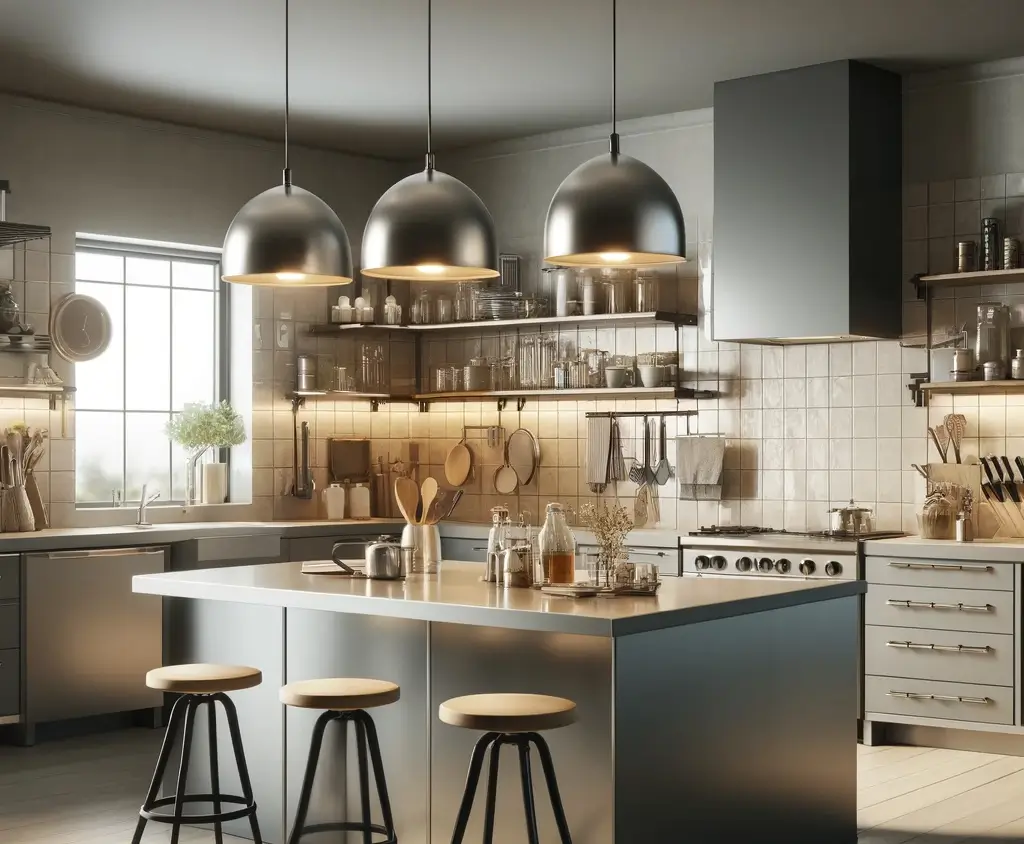 Cuisine industrielle avec accessoires métalliques et modernes feat image