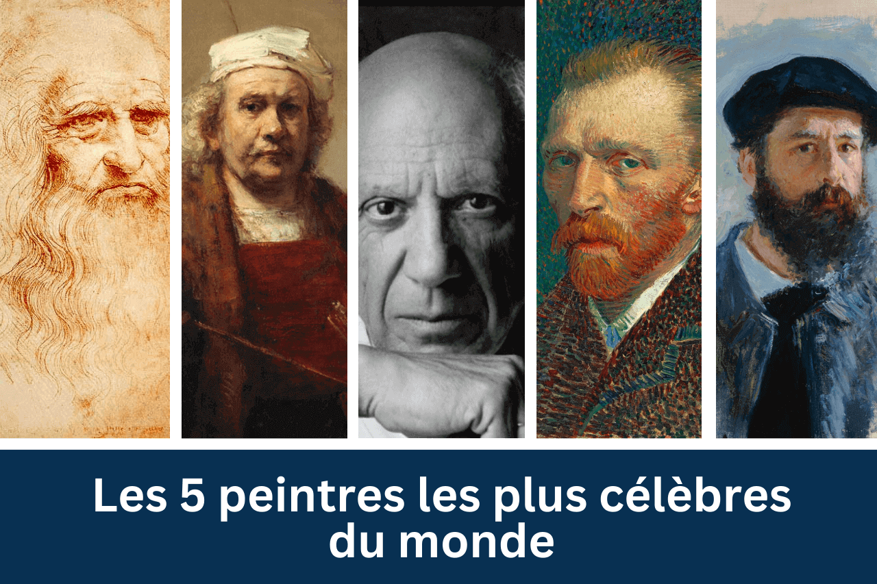 Educational collage featuring Leonardo da Vinci, Rembrandt, Picasso, Van Gogh, and Monet, titled 'Die 5 berühmtesten Maler der Welt' to highlight the masters of art.