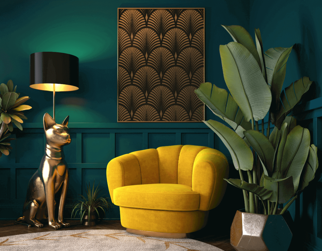 Statement yellow chair with gold dog figure image