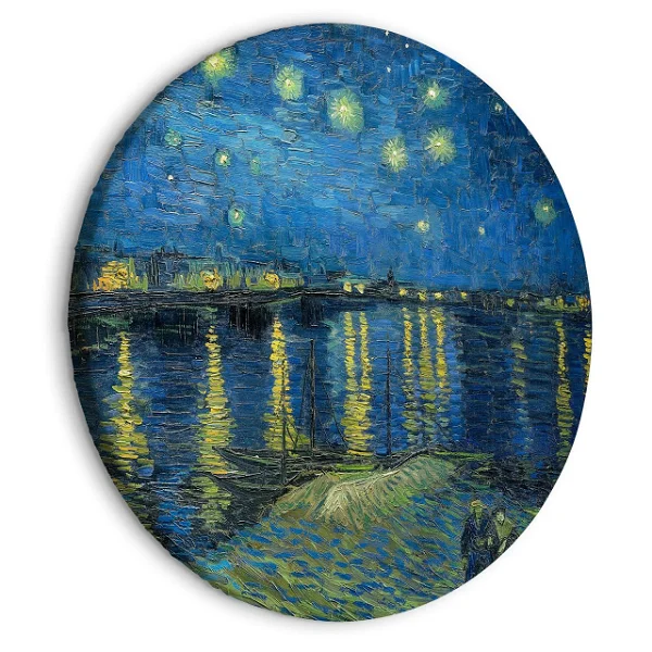 Iconic swirling sky and bright stars over a small village in Vincent van Gogh's Starry Night, capturing the dynamic movement and emotional depth of the scene.