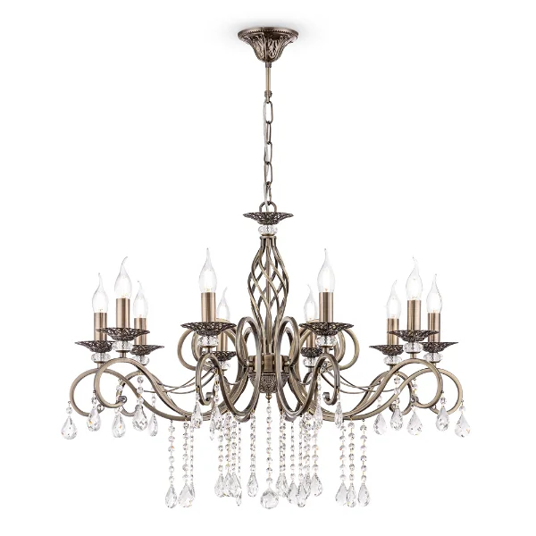Opulent gold chandelier with intricate scrollwork and crystal pendants for a classic, luxurious lighting experience.