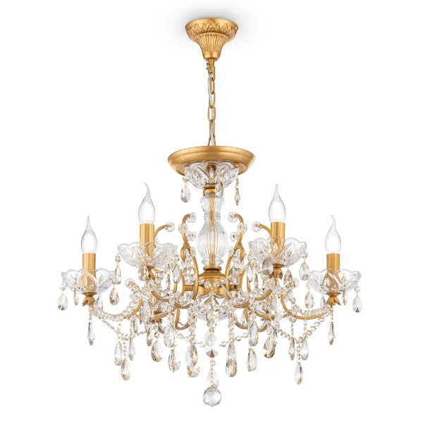 Classic crystal chandelier with gold accents, perfect for adding a touch of elegance and glamour to any setting.