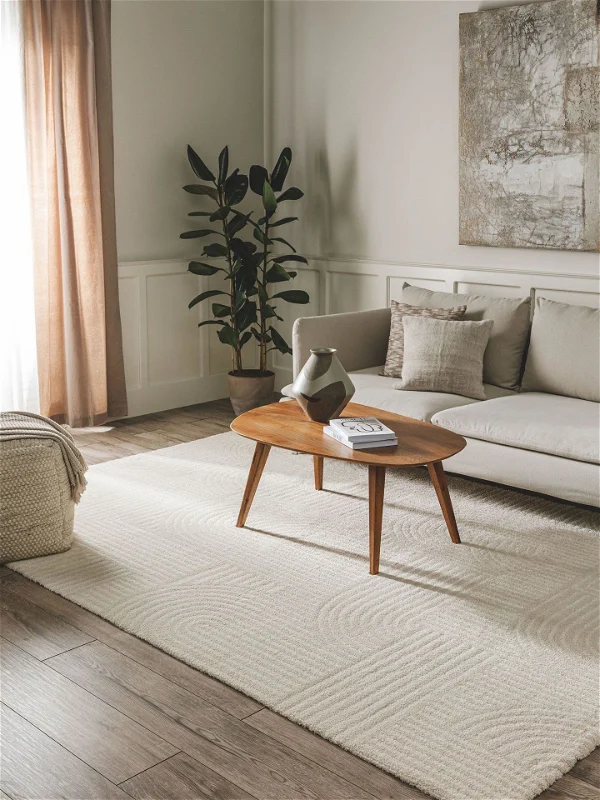 A rug in beige color situated in the living room with an indoor plant in the corner