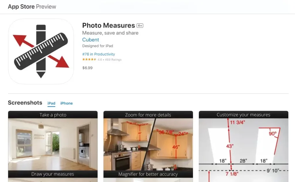 Application Photo Measures sur Apple pour accrocher des photos