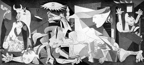Black and white reproduction of Pablo Picasso's Guernica, a powerful and chaotic depiction of war and suffering on a large canvas