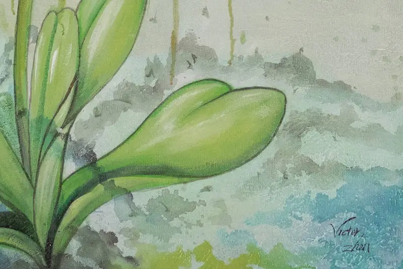 Peinture à l'huile XXL 'Wild Orchid' photo de détail avec signature de l'artiste