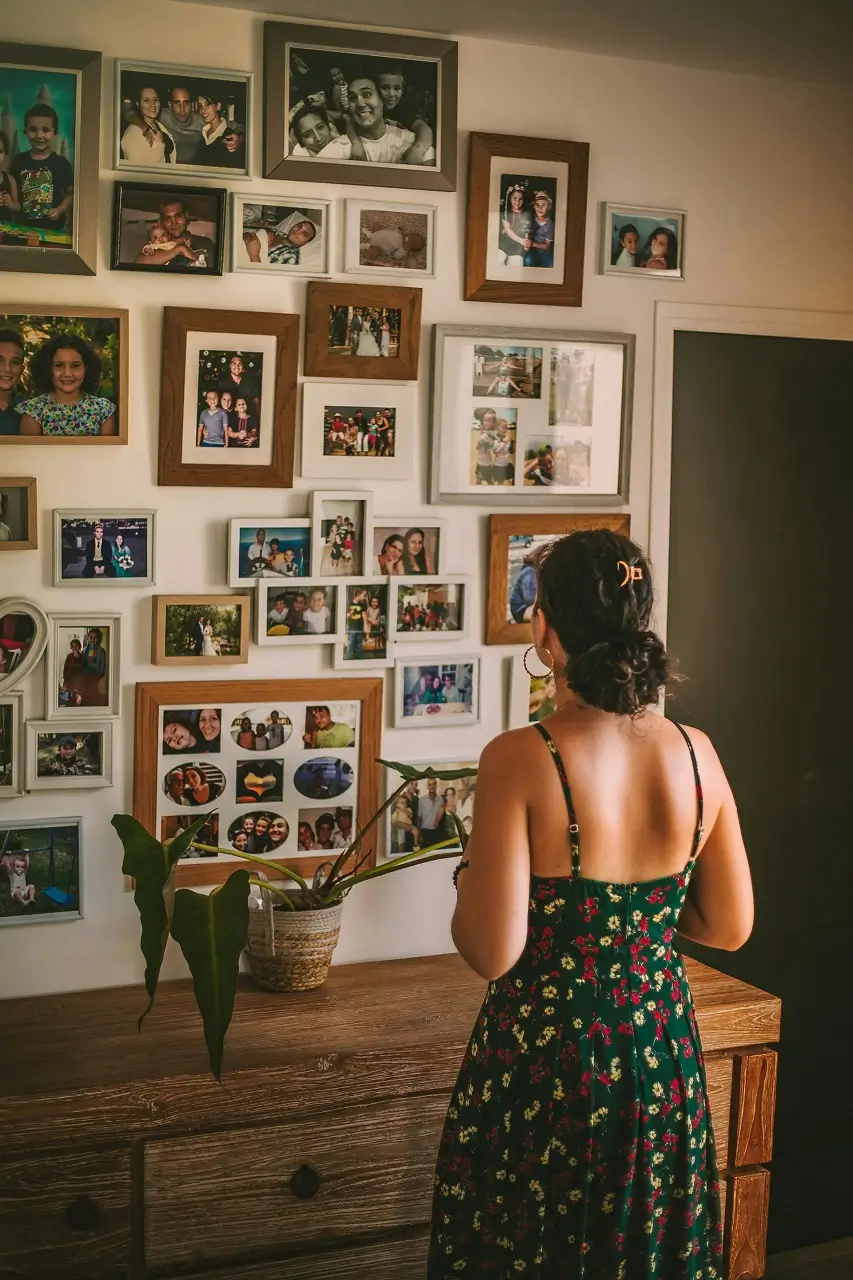 Photos de famille personnelles sur un mur d'exposition au-dessus de la table de la console