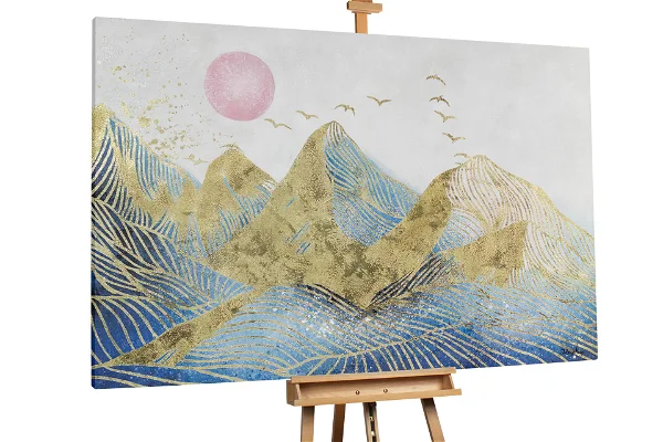 Mountains with gold and blue patterns under a pink moon.