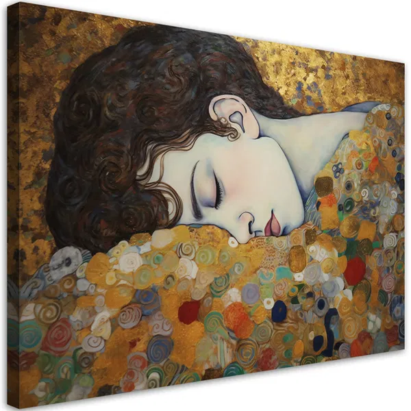 Canvas art print depicting a serene woman resting, inspired by Klimt's signature style with gold and intricate details.