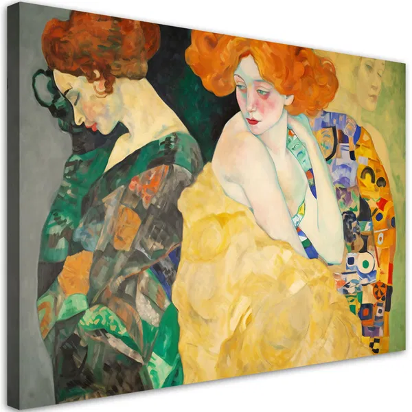 Klimt-inspired canvas artwork featuring three women in vibrant attire with expressive poses.