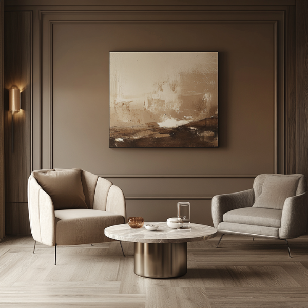 Minimalist room with armchairs, a marble coffee table and a beige abstract painting