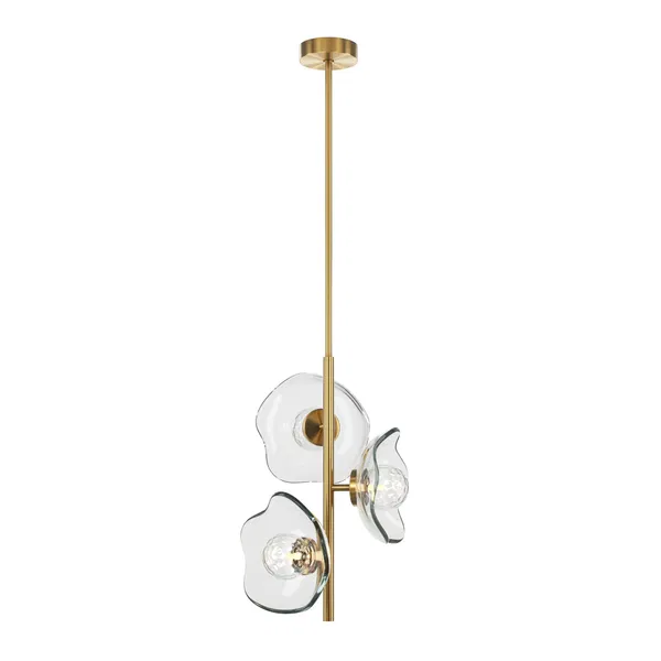 Vertical golden pendant light with three flower-shaped glass bulbs