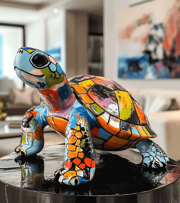 A brightly painted turtle sculpture with vibrant orange, blue, and yellow hues displayed on a black reflective table in a contemporary living room setting.
