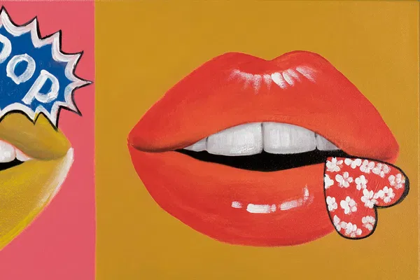 A pop-art painting of glossy red lips with a heart-shaped tongue on a mustard-yellow background, detailed for a 3D effect.