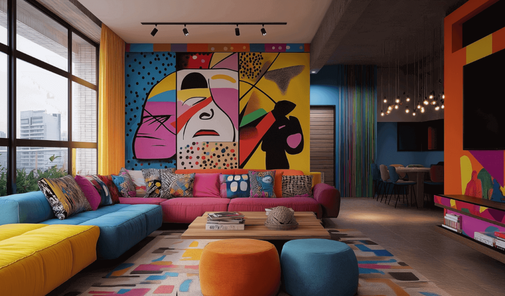 A vibrant living room with a bold pop art mural, colorful sectional sofa, decorative pillows, and modern lighting for an artistic touch.