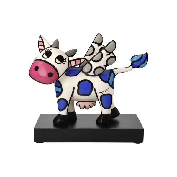 Whimsical porcelain flying cow sculpture with colorful patterns and a playful design, set on a sleek black base.