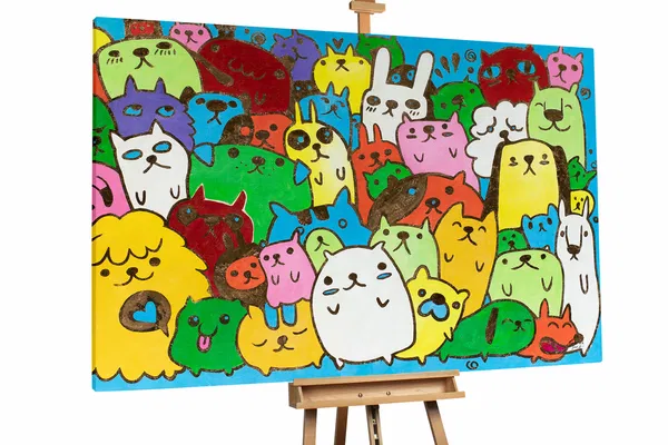 A fun, playful oil painting featuring a crowd of quirky, colorful cats in doodle-style artwork with bright, contrasting colors.