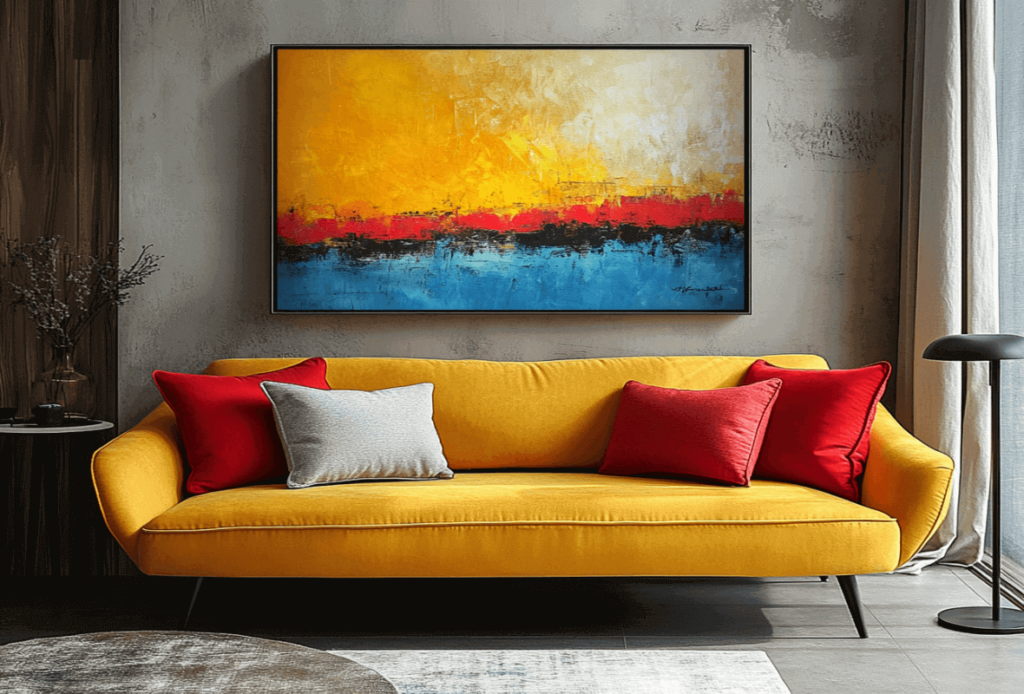 Yellow sofa with red pillows under a vibrant abstract painting on a gray wall.