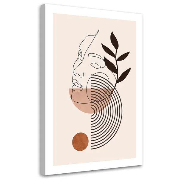 Minimalist line drawing of a face with soft, curved lines, paired with organic shapes and earthy tones in an elegant design.