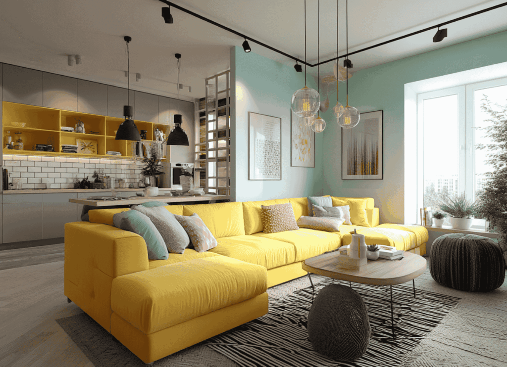 Bright living room with a yellow sectional sofa, glass pendant lights, and a wooden coffee table, complemented by vibrant cushions and plants