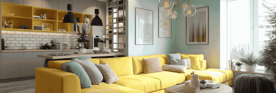 Bright living room with a yellow sectional sofa, glass pendant lights, and a wooden coffee table, complemented by vibrant cushions and plants