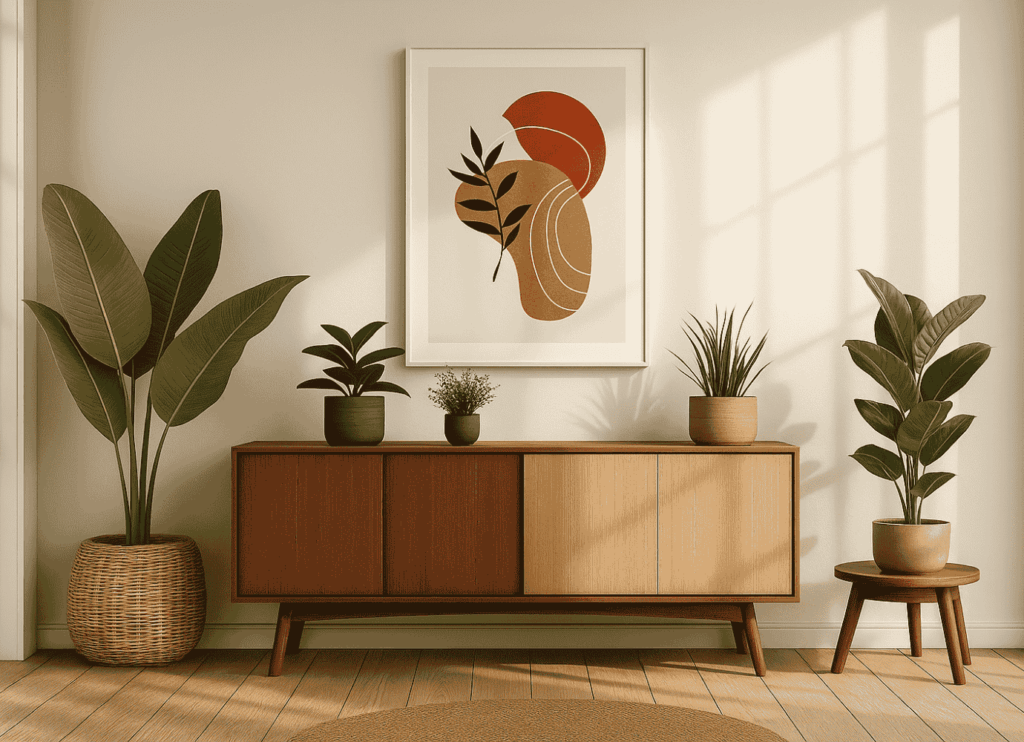 Modern living room corner with a wooden sideboard, abstract art on the wall, and potted plants in earthy tones.