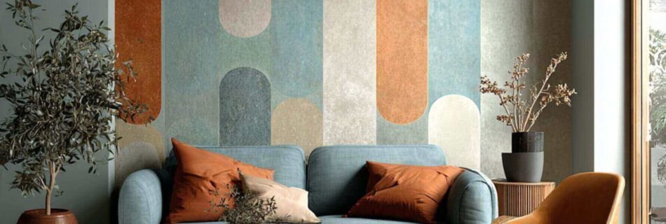 A cozy and modern living room with a geometric design wallpaper, earthy tones, and soft textures perfect for a stylish yet inviting atmosphere