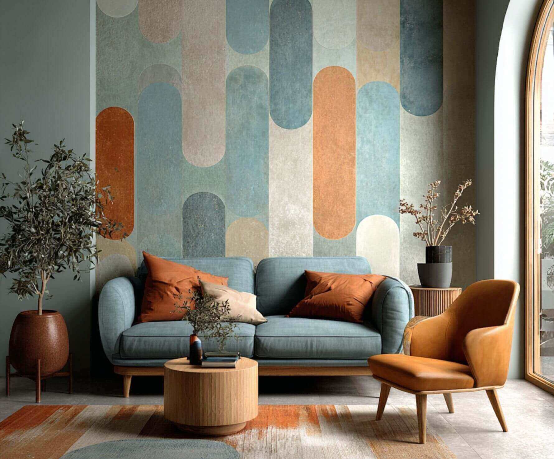 A cozy and modern living room with a geometric design wallpaper, earthy tones, and soft textures perfect for a stylish yet inviting atmosphere