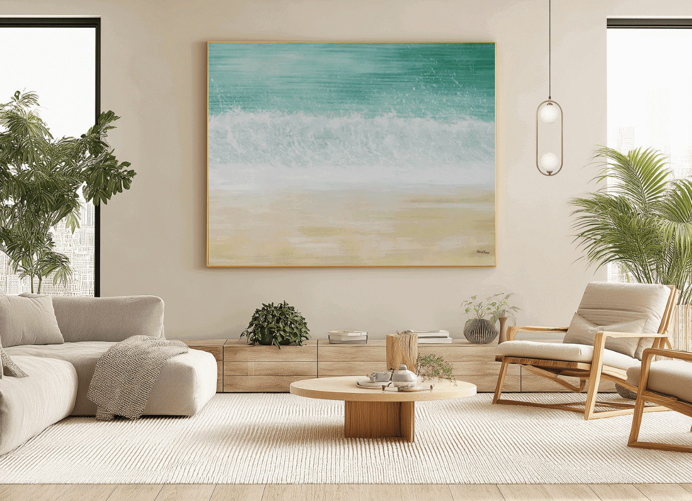 Bright living room with large wall art and modern pendant light