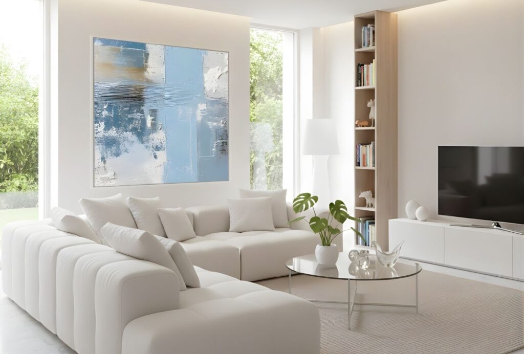 Abstract blue and white painting in bright corner living room – A cozy, sunlit living room corner with white furniture, green plant, and a blue-and-white abstract artwork featuring soft circular patterns on the wall.