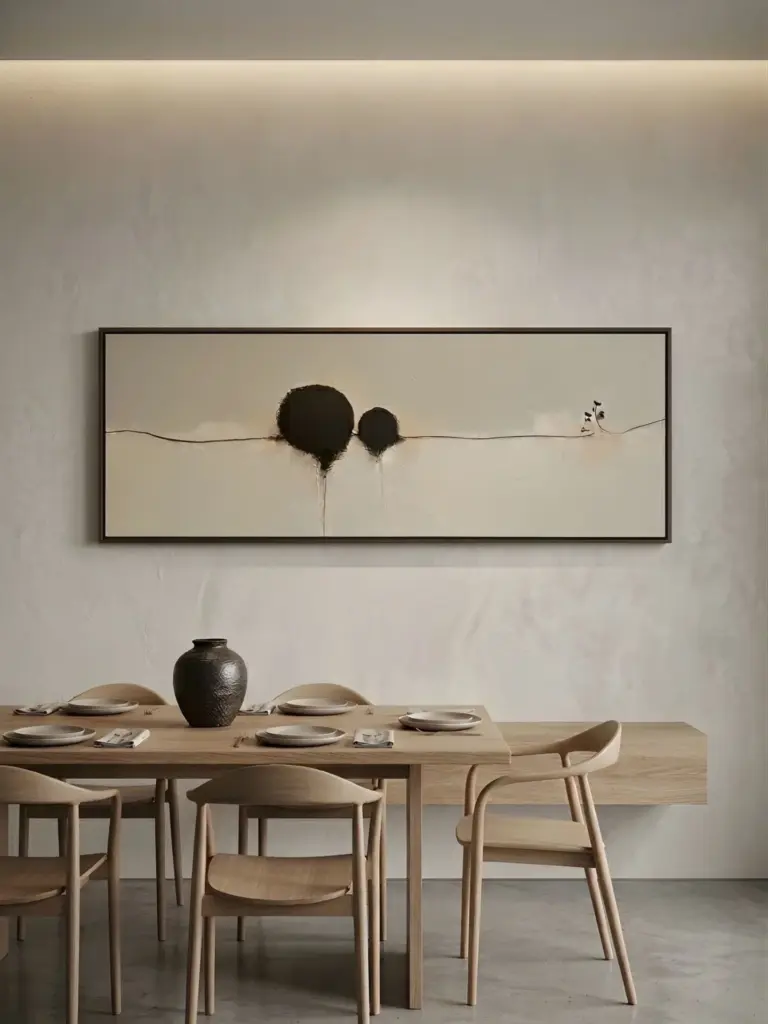 A wide panoramic minimalist painting featuring abstract black shapes and simple lines, displayed above a wooden dining table setup.