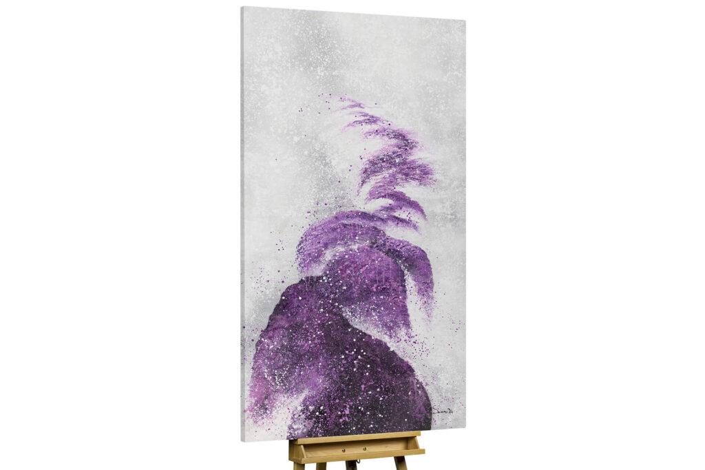 A vertical canvas art piece showing an abstract purple textured design on a gray background.