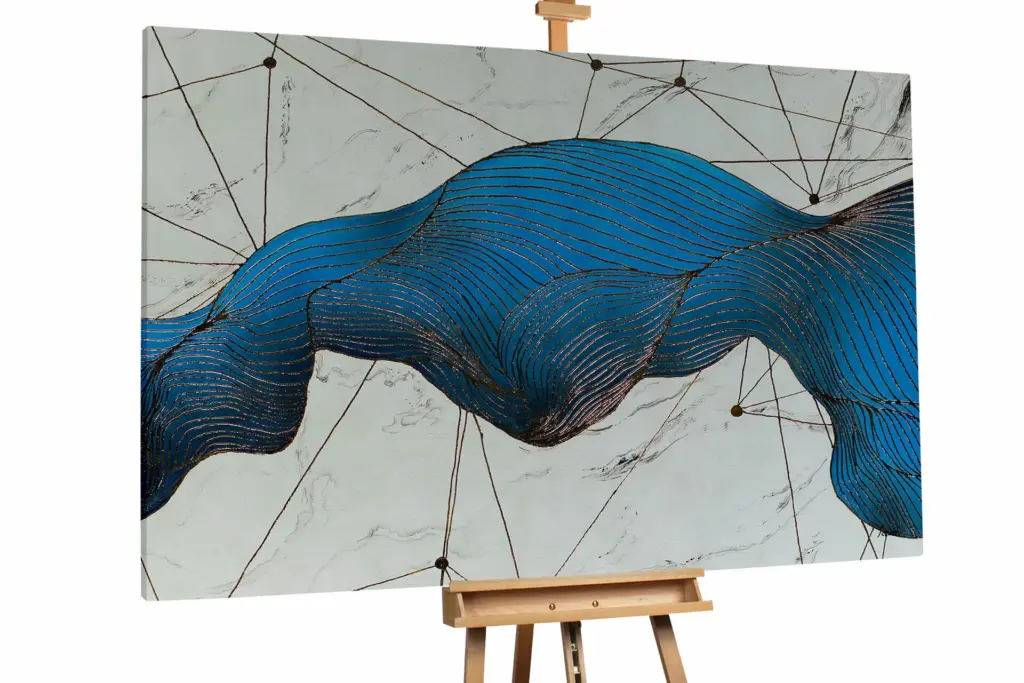 An abstract painting on an easel depicting a deep blue, textured wave or mountain-like shape with geometric black line overlays.
