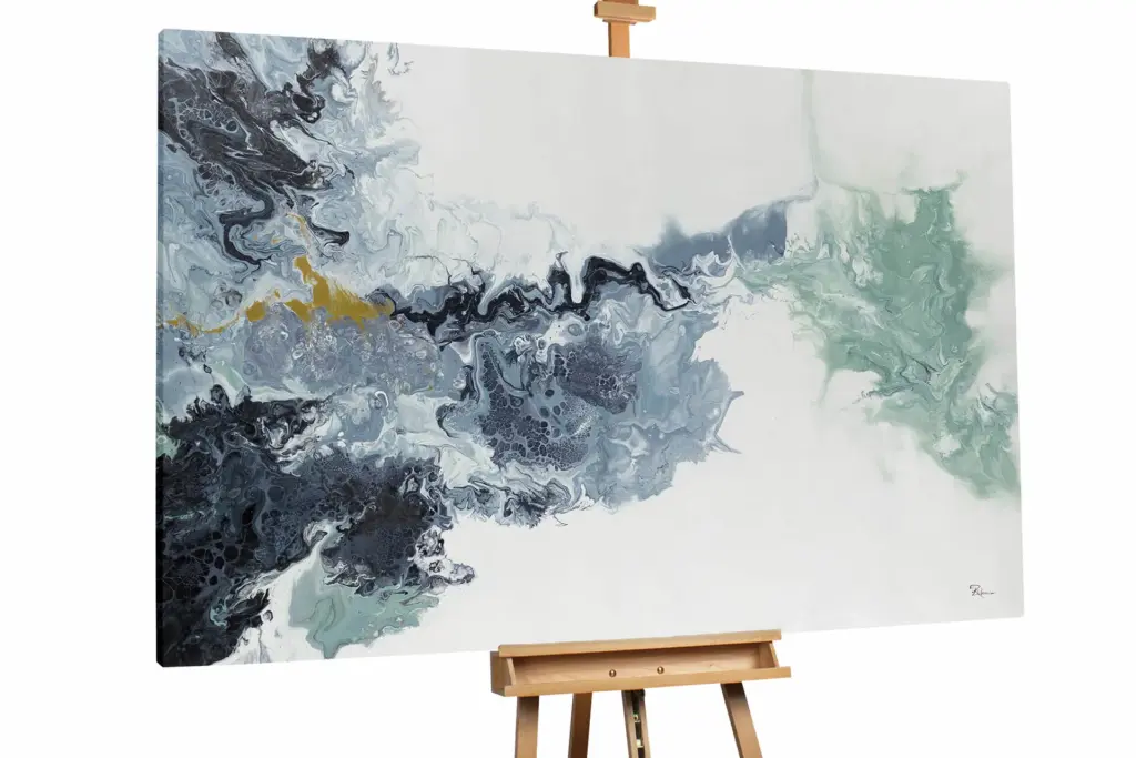 A large landscape-oriented abstract painting on an easel featuring cool tones of navy blue, seafoam green, and grey with a textured, atmospheric feel.