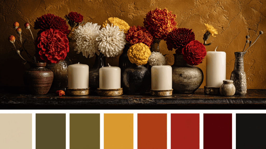 A still life photo of deep red and white flowers with white candles, accompanied by a horizontal color swatch bar featuring shades of cream, olive green, mustard gold, and various deep reds.